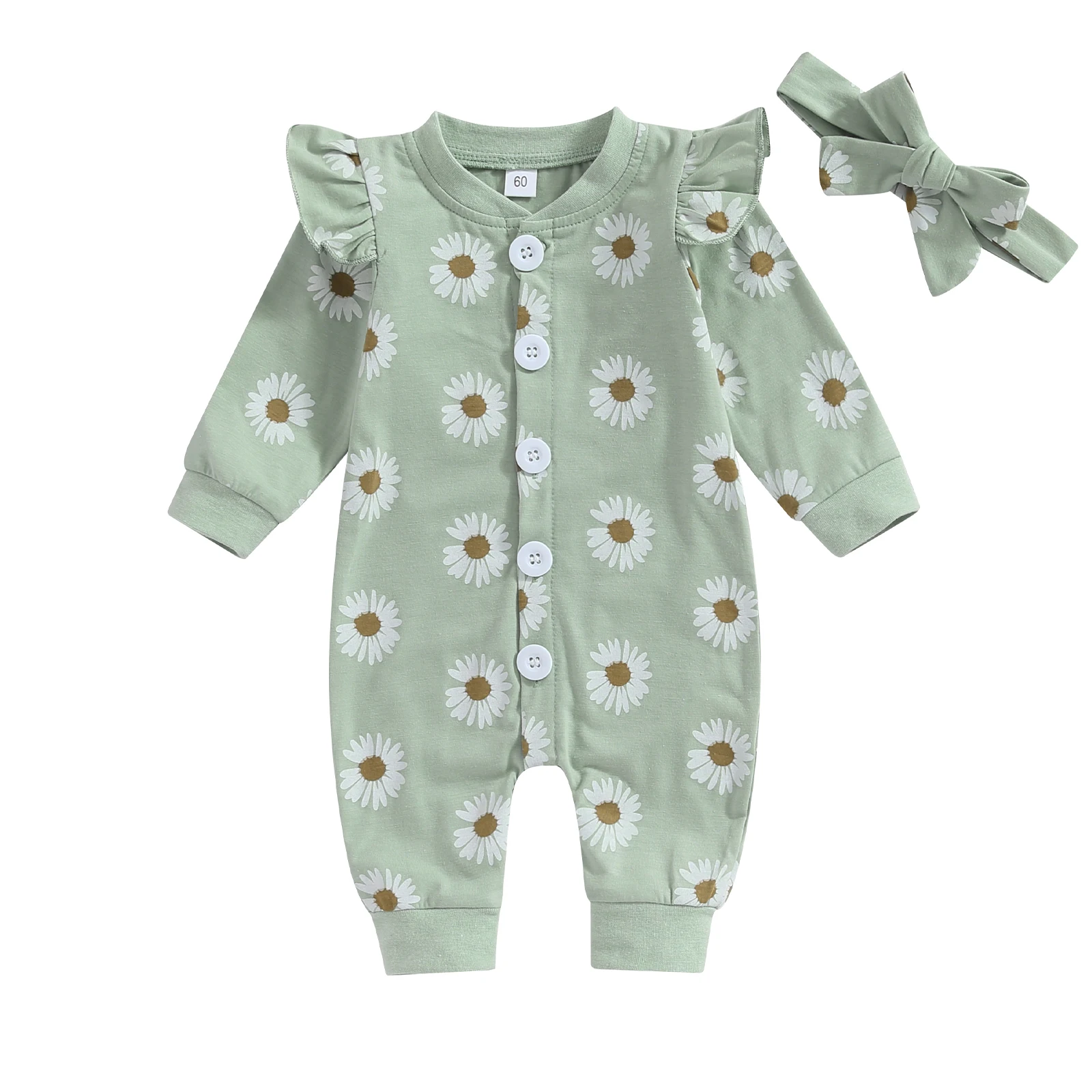 

BeQeuewll Infant Girl Rompers Daisy Print Buttons Long Sleeve Baby Jumpsuits Newborn Clothes Bodysuits with Headband For Fall