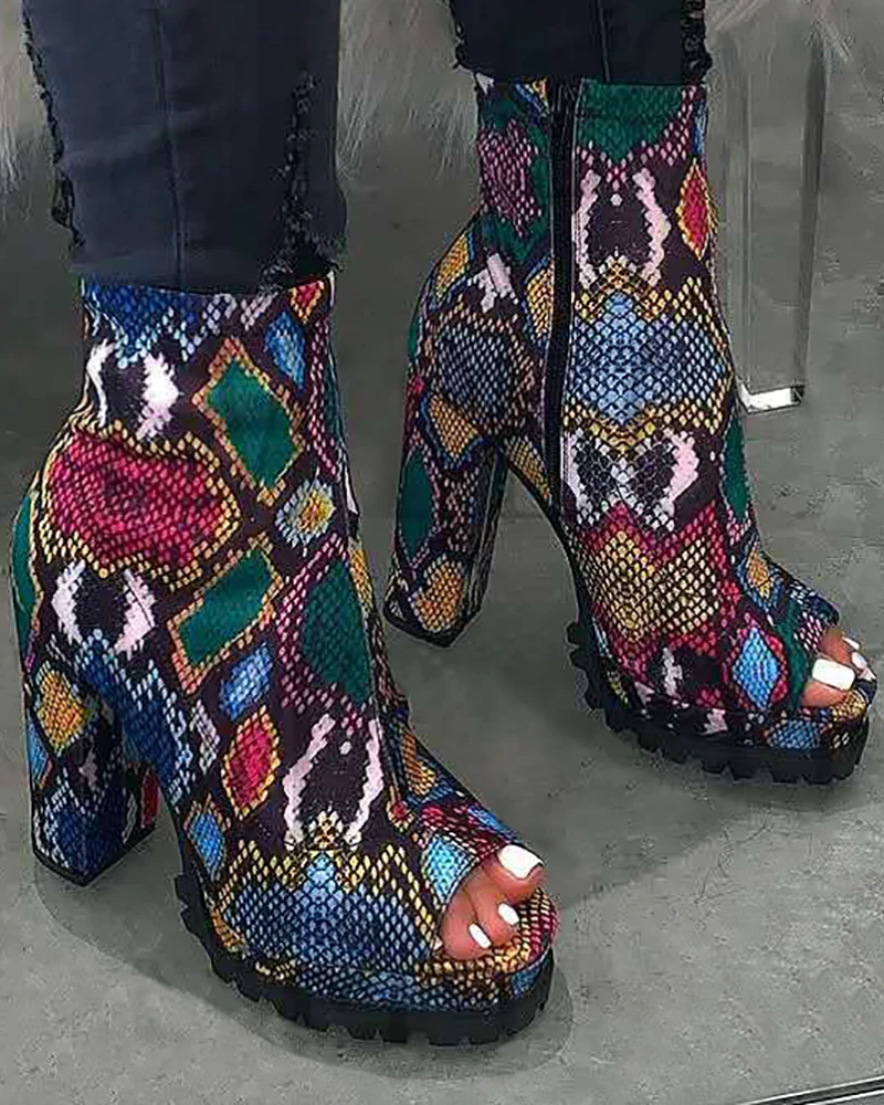 

Autumn Winter Women Fashion Going Out Daily Wear Colorblock Boots Peep Toe Snakeskin Print Chunky Boots