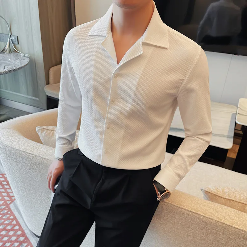 남성용 V넥 긴팔 셔츠, 비즈니스 용수철, 편안한 캐주얼 격자 무늬 셔츠, 단색, 폭발적인 고급 패션