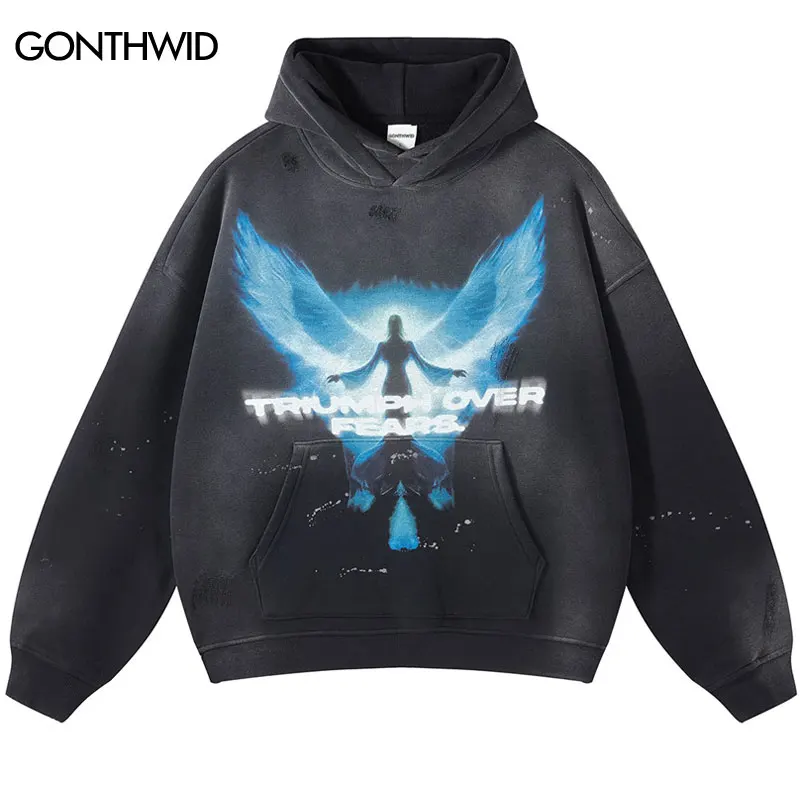 

Hip Hop Fleece Hoodie Streetwear Vintage Ripped Angel Wing Graphic Print Washed Hooded Sweatshirt 2023 Harajuku Punk Pullover