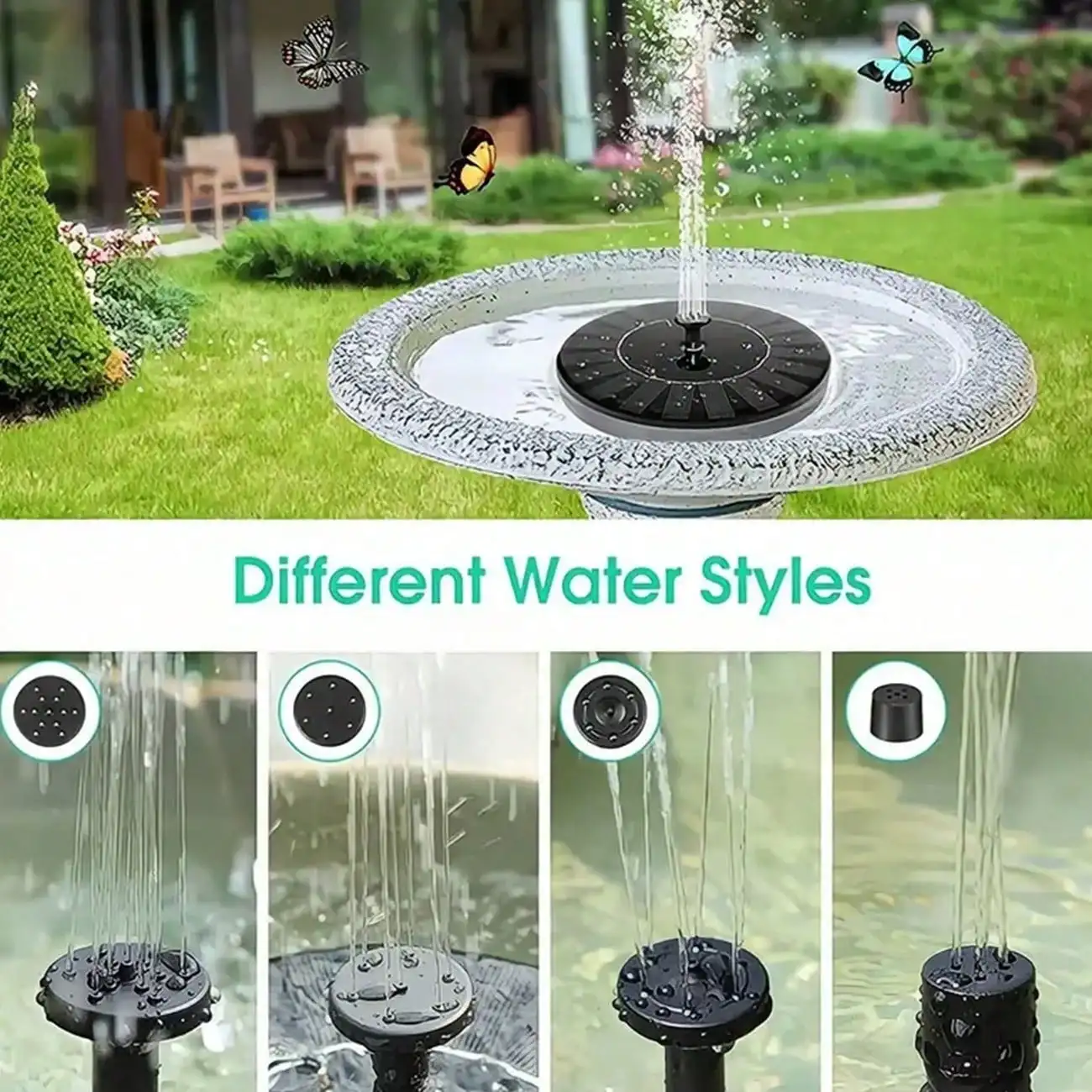 1pc Solar Powered Fountain, Outdoor Landscape Fountain Water Pump Suitable For Birds, Bees And Butterflies - Includes 2 Connecting Rods And 8 Nozzle Types, Wired Solar Powered, No Battery Required, Suitable For Garden 4