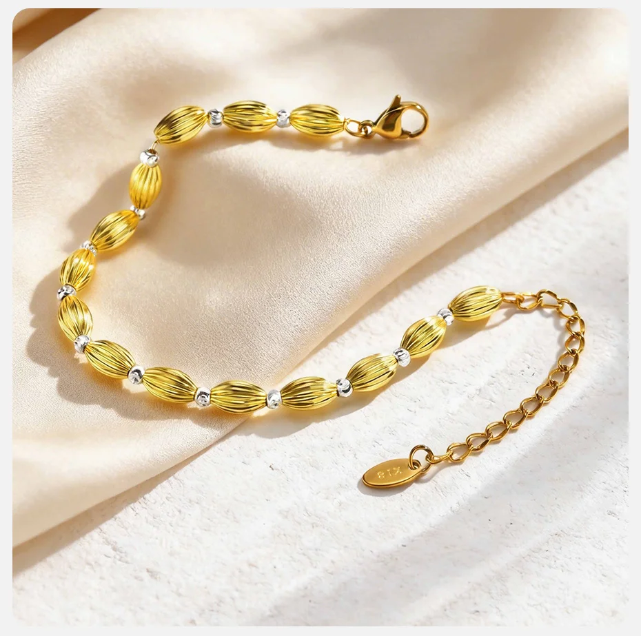 Vnox Vergoldetes Reisförmiges Kürbis-Perlen-Armband für Frauen, Edelstahl Braut-Hochzeits-Armbänder Wasserfestes Geschenk-Schmuckstück – Detail 5