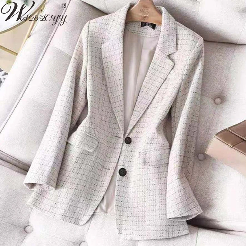 

Women Plaid Blazer Jacket Korean Fashion Long Sleeve Outwear Office Lady Plus Size Blazer Single Breasted Vintage Tweed Coat