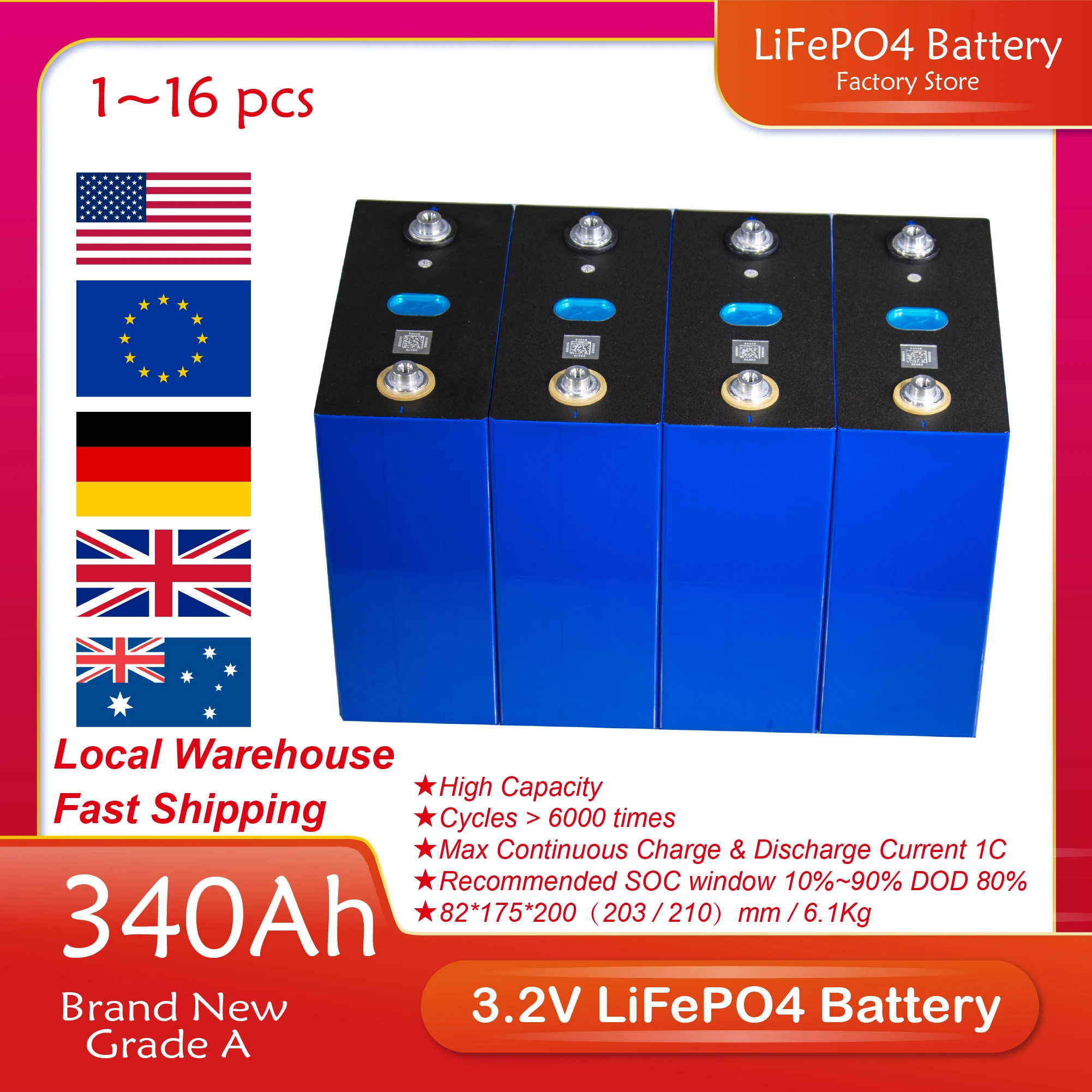 

3.2V 340Ah LiFePO4 Battery Brand New A-Grade Original Genuine Lithium Iron Phosphate Cell for Home Solar Energy Storage Pre-Sale