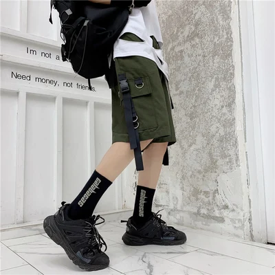 Y2K Hipster Unisex Men Shorts Chain Ribbon Pockets Cargo Shorts Male Female BF Wind Lovers Summer Streetwear Punk Motor Shorts