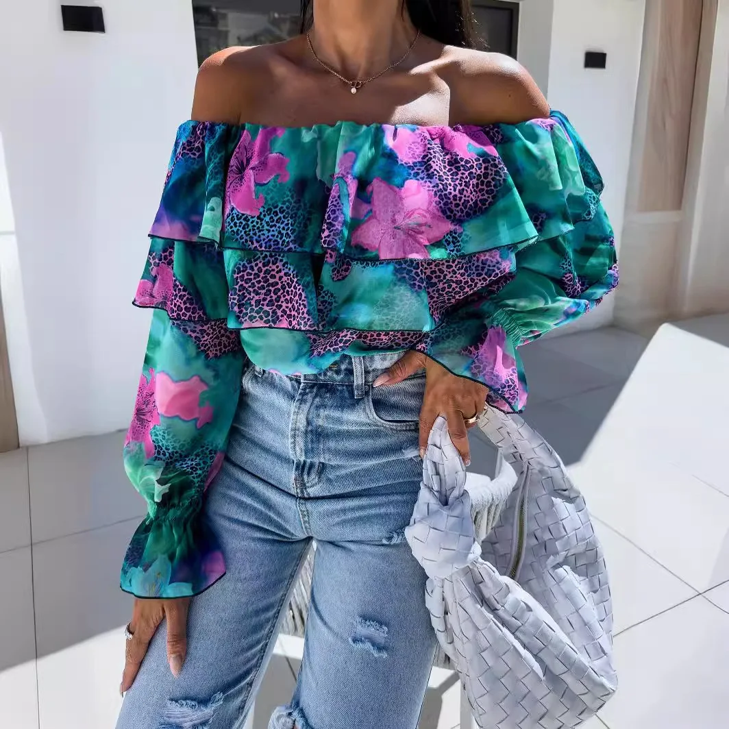 Women Chiffon Off Shoulder Ruffle Blouse