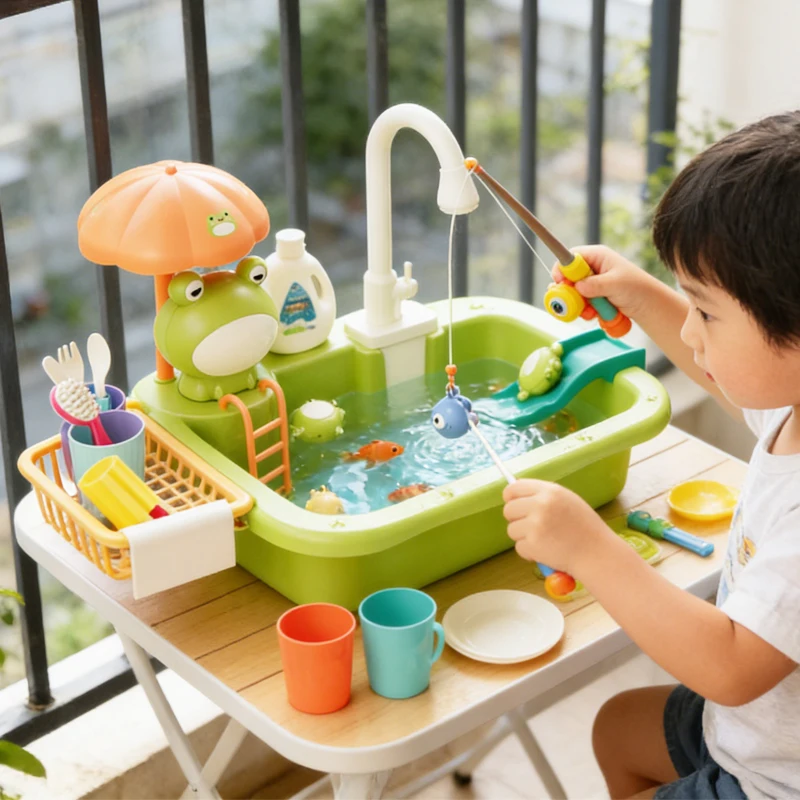 Plastic Kids Kitchen Sink Playset with Running Water