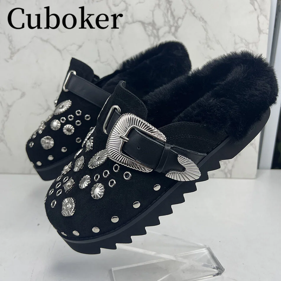 

Мюли женские кожаные, роскошные повседневные тапки с мехом внутри, металлический декор, плоская подошва, полутапочки, популярный бренд