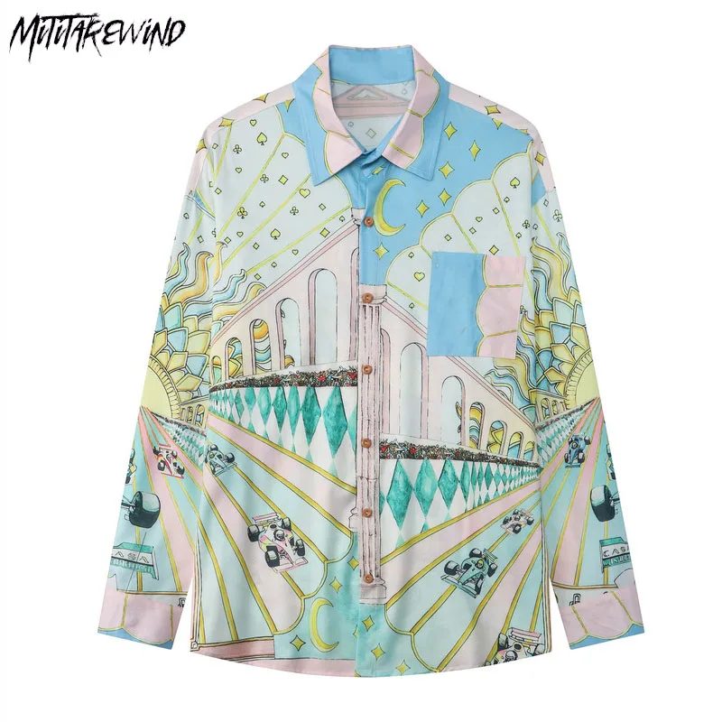 

High Street Print Shirts Couple Long Sleeve Holiday Beachwear Turn Down Collar Casual Streetwear Spring Summer Graphic Shirts