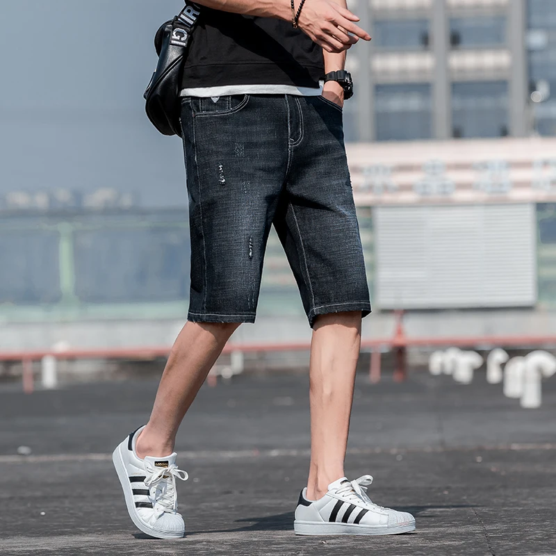 Youthful Vitality Straight Denim Shorts Men's Clothing Vintage Stylish Distressed Summer Pockets Spliced Mid Waist Knee Pants