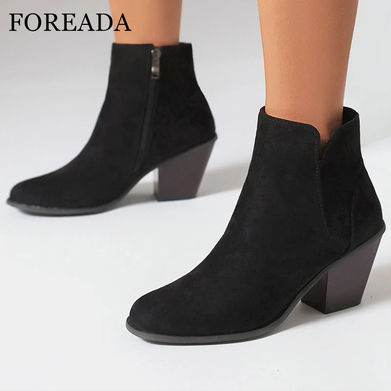 

FOREADA Women Ankle Boots Round Toe Thick High Heels Zipper Short Boots Ladies Fashion Casual Shoes Autumn Winter Black Brown 44