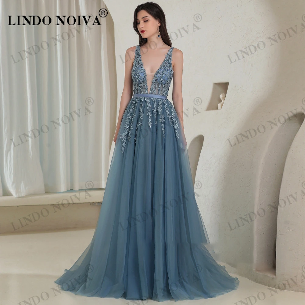 

LINDO NOIVA V Neck Gray Blue Long Evening Dresses Party Sexy Backless Prom Gown Sleeveless Robe De Soiree for Women