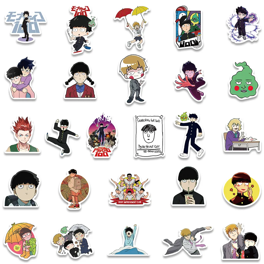 10/52Pcs Anime Mob Psycho 100 Stickers PVC Decals For Laptop Luggage Scrapbook Phone Motorcycle Helmet Stickers Kids Toy