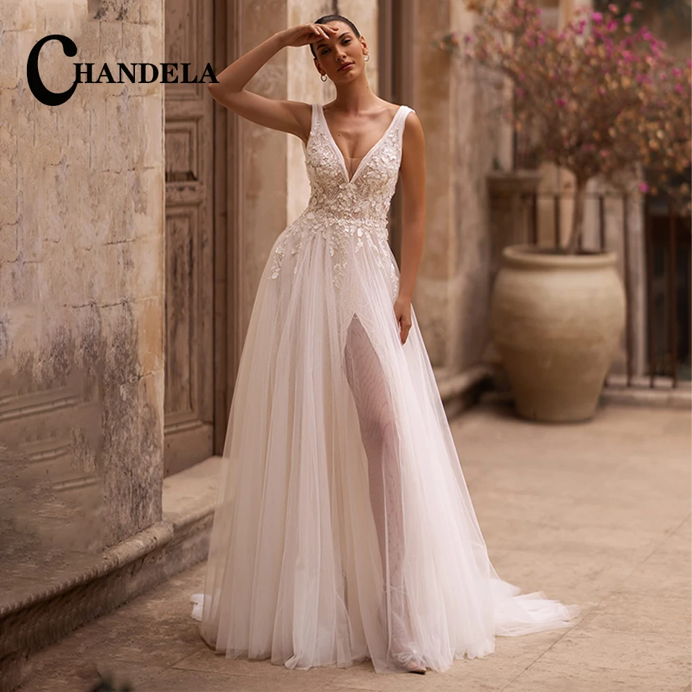 

CHANDELA Moden Slit Wedding Dresses A Line V Neck Appliques Lace Tulle Sleeveless Backles Sweep Train Robe De Mariee Cutsomised