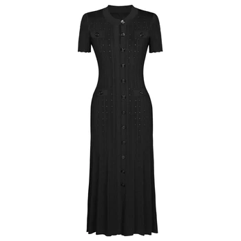 Three Color High-quality New Fashionable Elastic Knitted Hollow Round Neck Single Breasted Short Sleeved Slim Fit Women's Dress 1