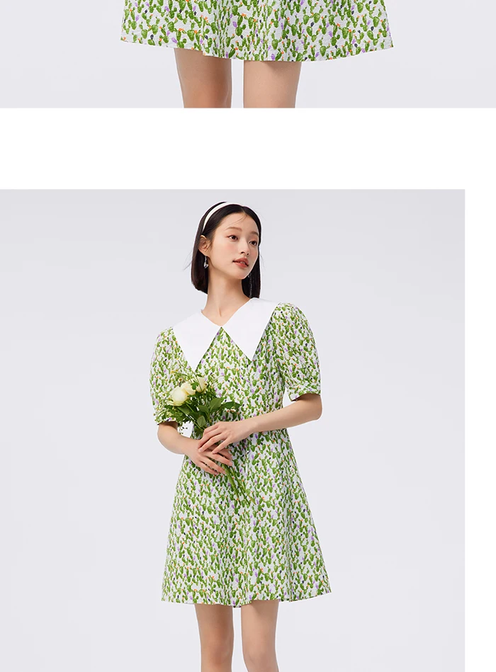 Dress Women Contrast Color Big Lapel Summer New Full Print Waist Textured Skirt Fresh For Women