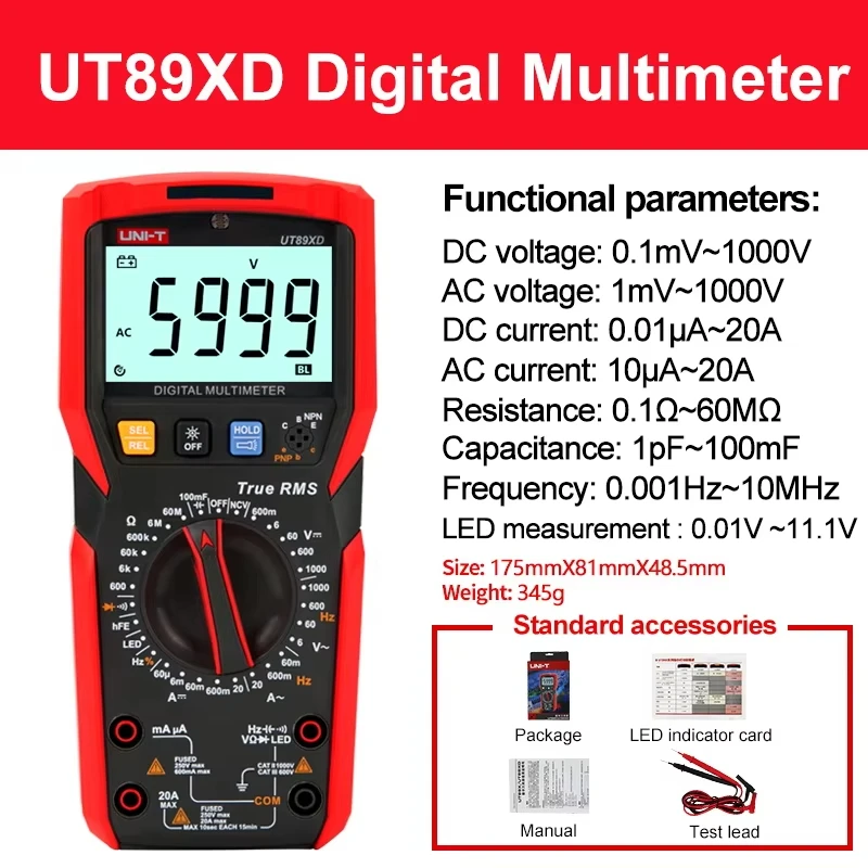 Vue de face du multimètre UNI-T UT89XD montrant l'écran affichant une valeur et les boutons de fonction. Achetez le Multimètre Numérique UNI-T UT89XD pour le Modélisme.
