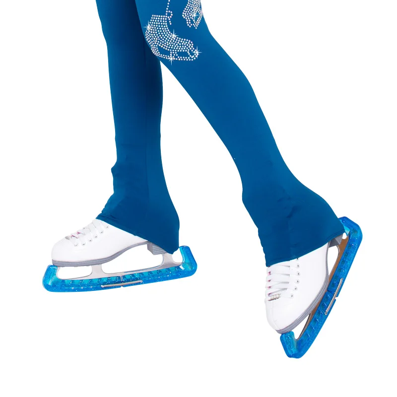 New Ice Figure Skating Jacket Pants Women Girl Trousers Top Black Teens Children Kids Colored Blue Rhinestones Training