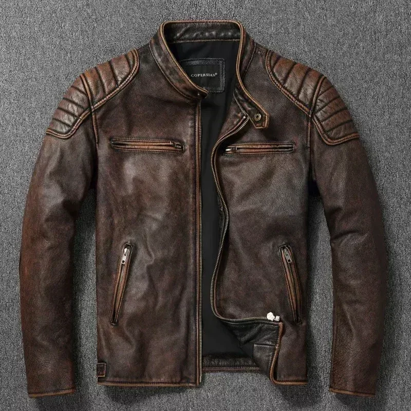 Vintage Real Cowhide Leather Jacket for Men Motorcycle