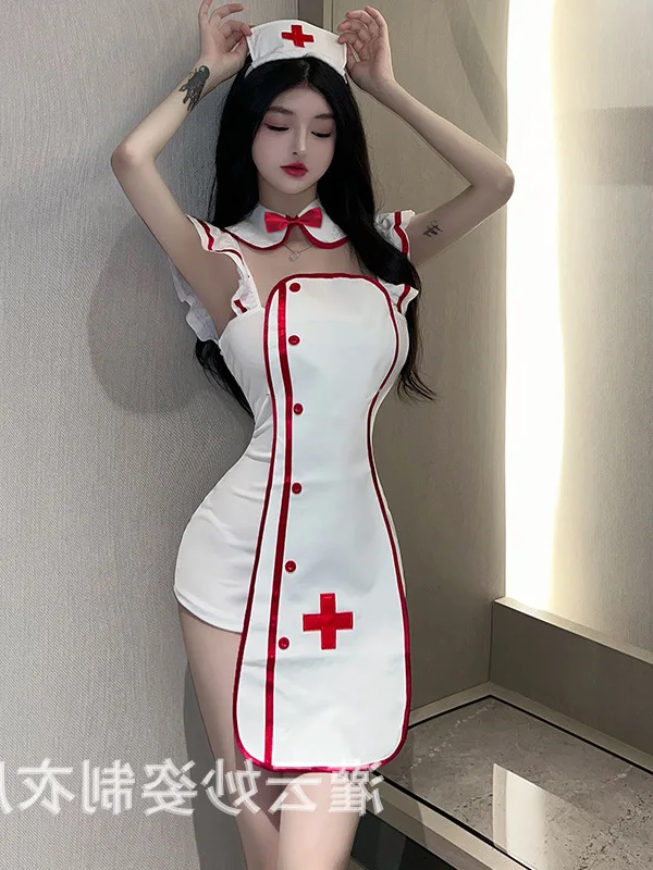 

Fashion Mature Charm New Spicy Sexy Nurse Elegant Transparent Hollow Out Gentle Uniform Girl Underwear Role Playing Dress L2XL