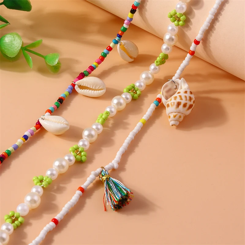 3-teiliges Set Böhmische Handgefertigte Perlenketten für Frauen Sommer Strand Muschel-Anhänger Halsketten Mädchen Urlaubsschmuck Geschenke – Detail 7