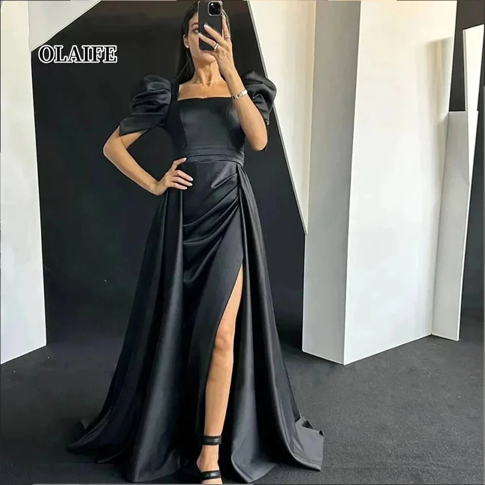 

Elegent A-line Prom Dresses Simple Short Sleeves Square Collar Evening Dresses High Split Prom Party Robe De Soiree فستان سهرة