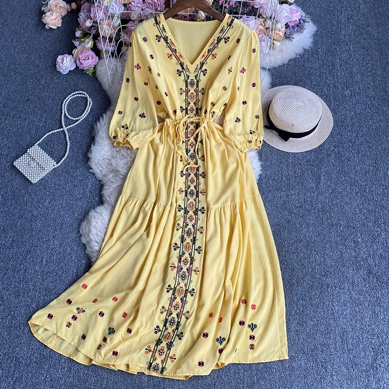 

Autumn V Neck Embroidered Half Sleeved A-line Bohemian Long Dress