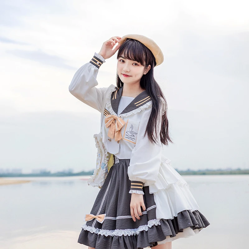 

Japanese Lolita Dress Navy Collar High Waist Suit Skirt + Shirt College Style Jk Uniform Victorian Kawaii Girl Lolita Cos