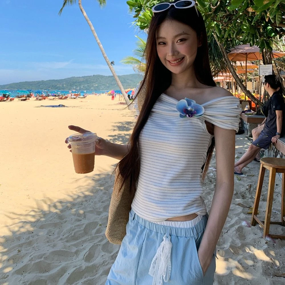 All-match Stripe Off Shoulder Crop Top Slim Fit Ins Bohemia T Shirts Sweet Female Clothing Stripe Flower T-shirt Female