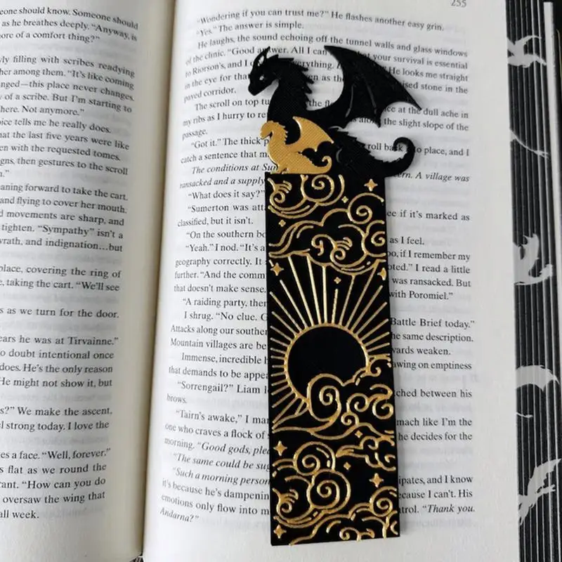 Dragon Bookmark, Black and Gold Dragons with Sun and Clouds Bookmark Cool Bookmark for Book Lovers, Boys, Girls Book Accessories