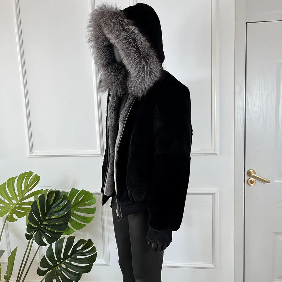 ジャケット・アウター think fur Rex Like Fur Cocoon Coat LVCOMEFF Genuine Rex Rabbit Fur Coat Chinchilla Color Stripe