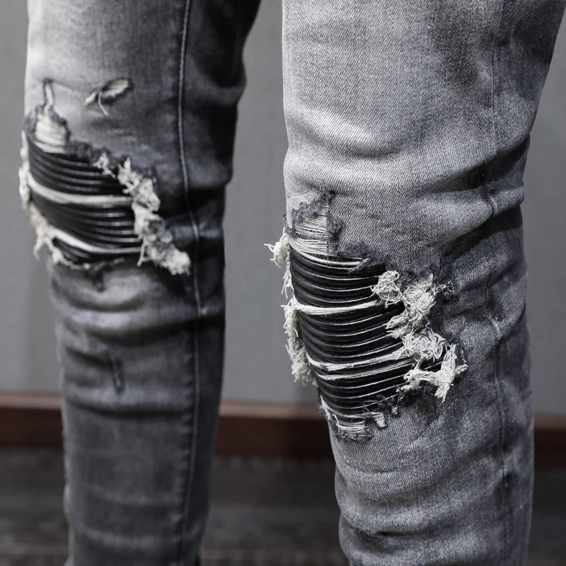 High Street Fashion Men Jeans Retro Black Gray Stretch Skinny Fit Ripped Jeans Men Leather Patched Designer Hip Hop Brand Pants 5