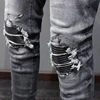 High Street Fashion Men Jeans Retro Black Gray Stretch Skinny Fit Ripped Jeans Men Leather Patched Designer Hip Hop Brand Pants 5