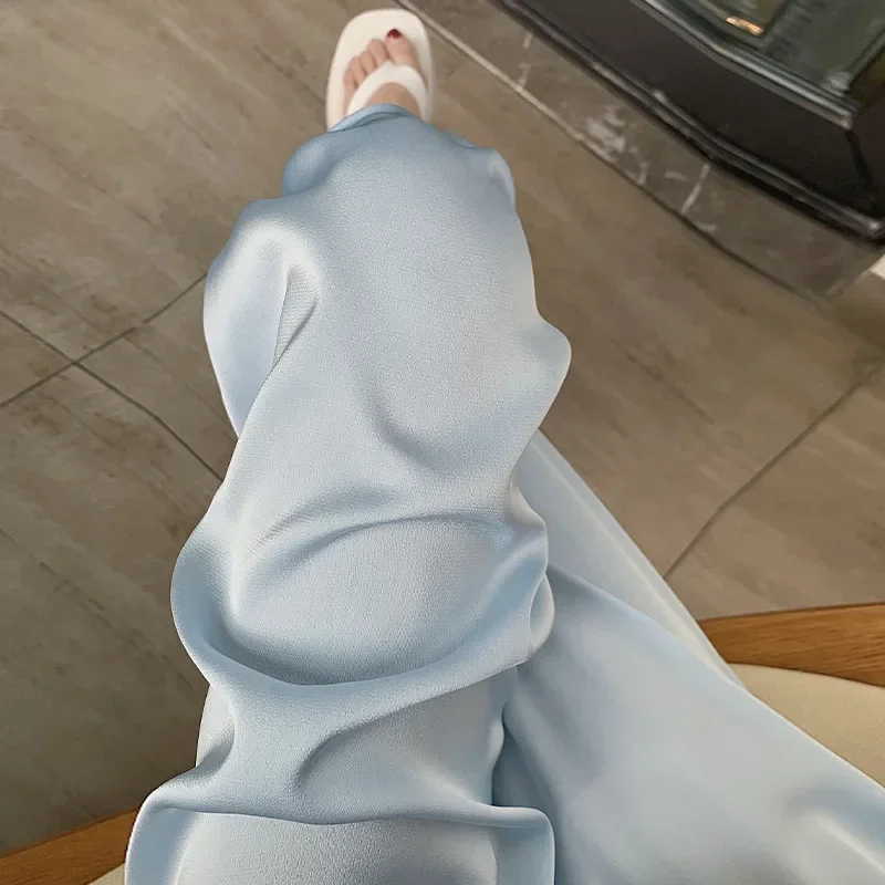 Acetate Ice Silk Wide-Leg Pants Female 2023 Summer Thin Casual Mopping Pants High Waist Drooping Baggy Pants