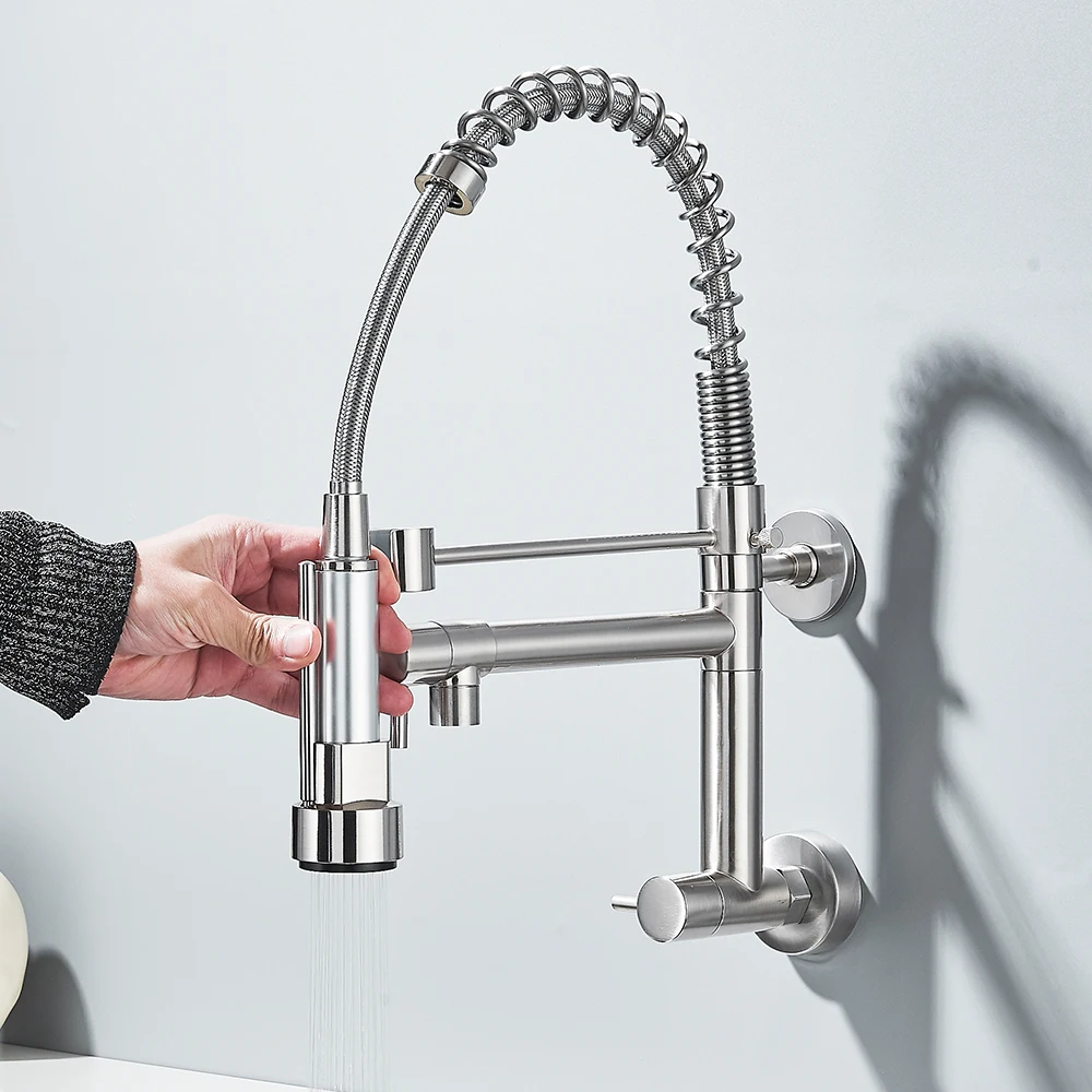 Pull Down Kitchen Faucet Wall Mounted Spring Single Cold Water Dual Spouts 360 Rotation Kitchen Tap kitchen faucets