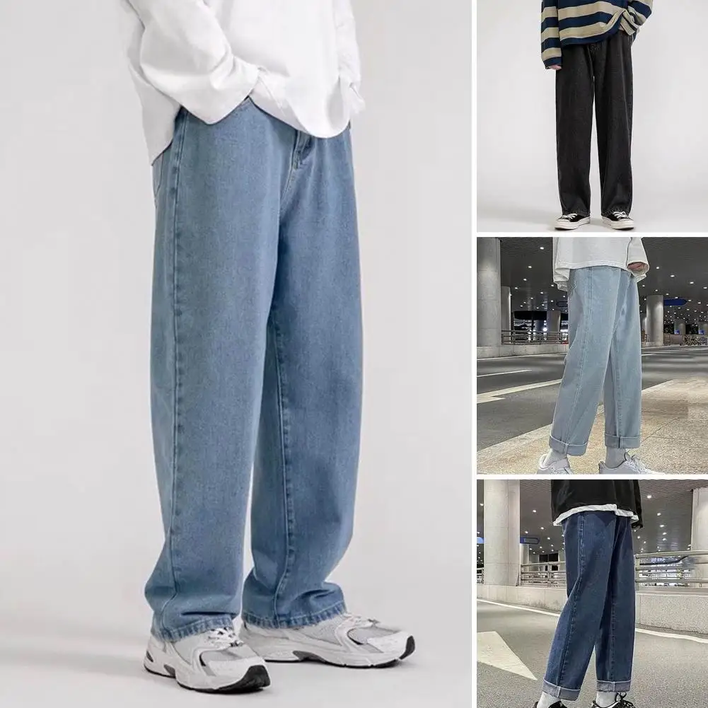 

Spliced Lines Denim Trousers Retro Streetwear Men's Wide Leg Jeans with Button Zipper Closure Pockets Loose Fit Straight for A