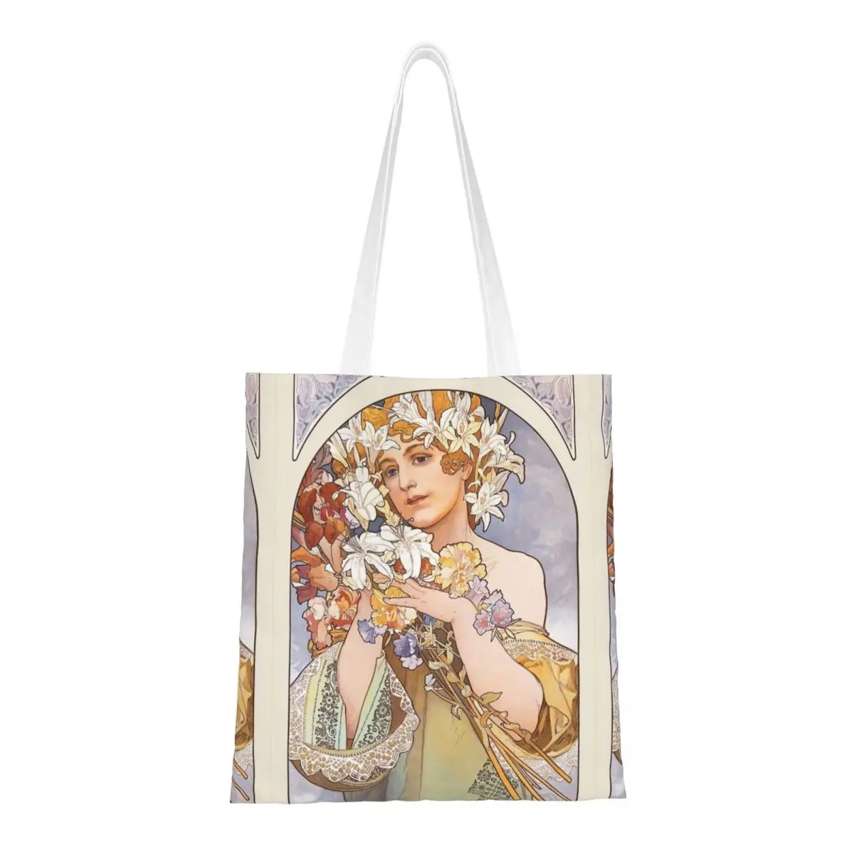 

Flower (1897) By Alphonse Mucha Canvas Tote Bag Reusable Large Capacity Casual Bag for Women Men