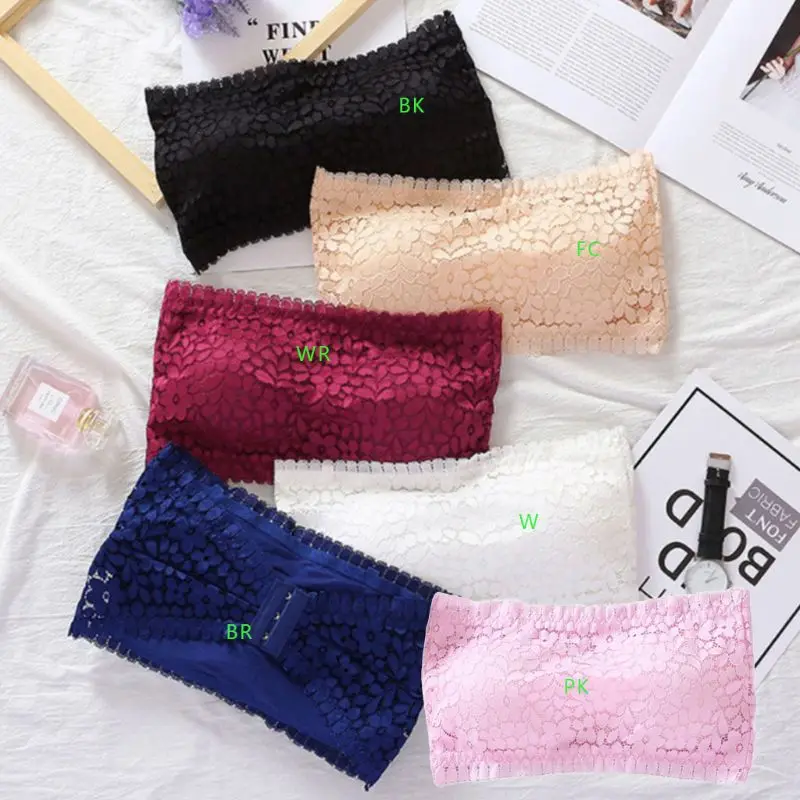 

Women Girl Strapless Floral Lace Bandeau Bra Seamless Solid Color Push Up Padded