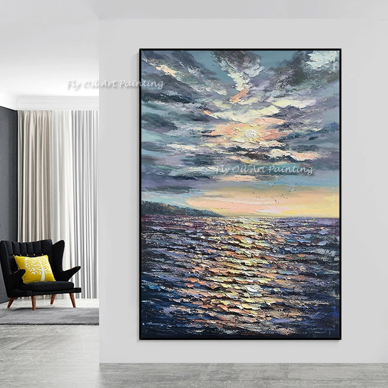 

100% Handmade Modern Abstract Thick Texture Knife Oil Painting On Canvas Sunset Seascape Wall Art Home Decor For Living Room