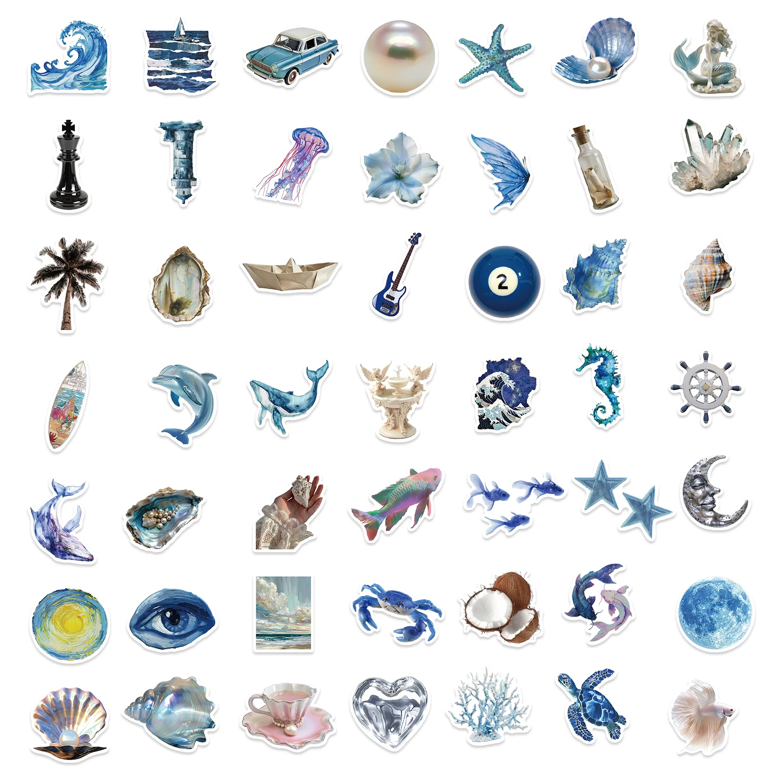 50pcs Ins Wind Blue and Silver Ocean Stickers  Aesthetic Cartoon Stickers For Laptops Luggage Skateboards Scrapbooks Guitars 4