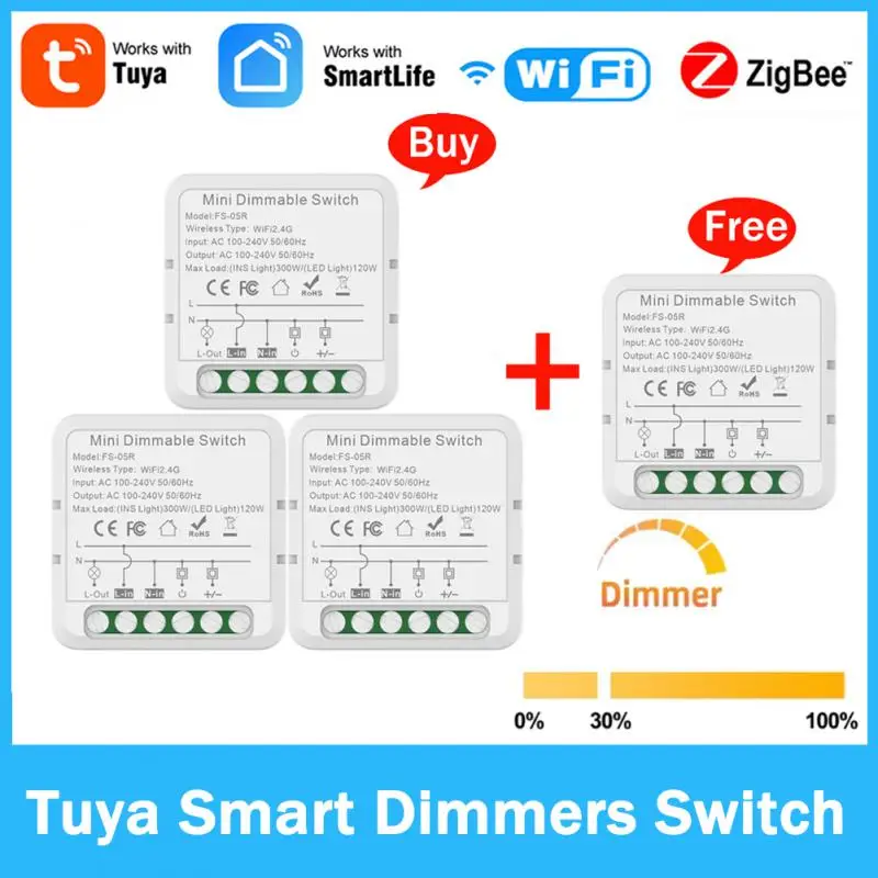 

Tuya ZigBee / WiFi Smart Dimmer Switch Module Supports Two Way Control LED Lights Dimmable Switch Works With Alexa Google Home