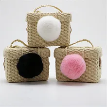 

Mini Square Cover Paper Wool Ball Woven Portable Crossbody Straw Bag