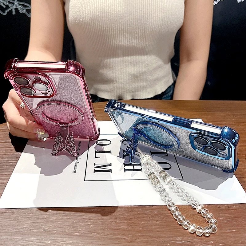 Elegant Butterfly Chain Lanyard Case - Plating Shockproof Silicone with Stand Holder