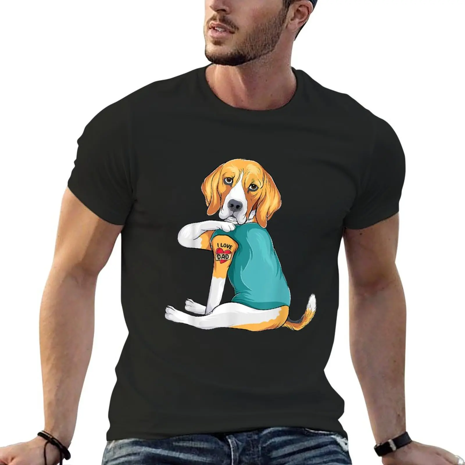 

Father's Day gift funny dog Dad Beagle i love Dad tattoo T-shirt boys animal print plain korean fashion mens t shirts pack
