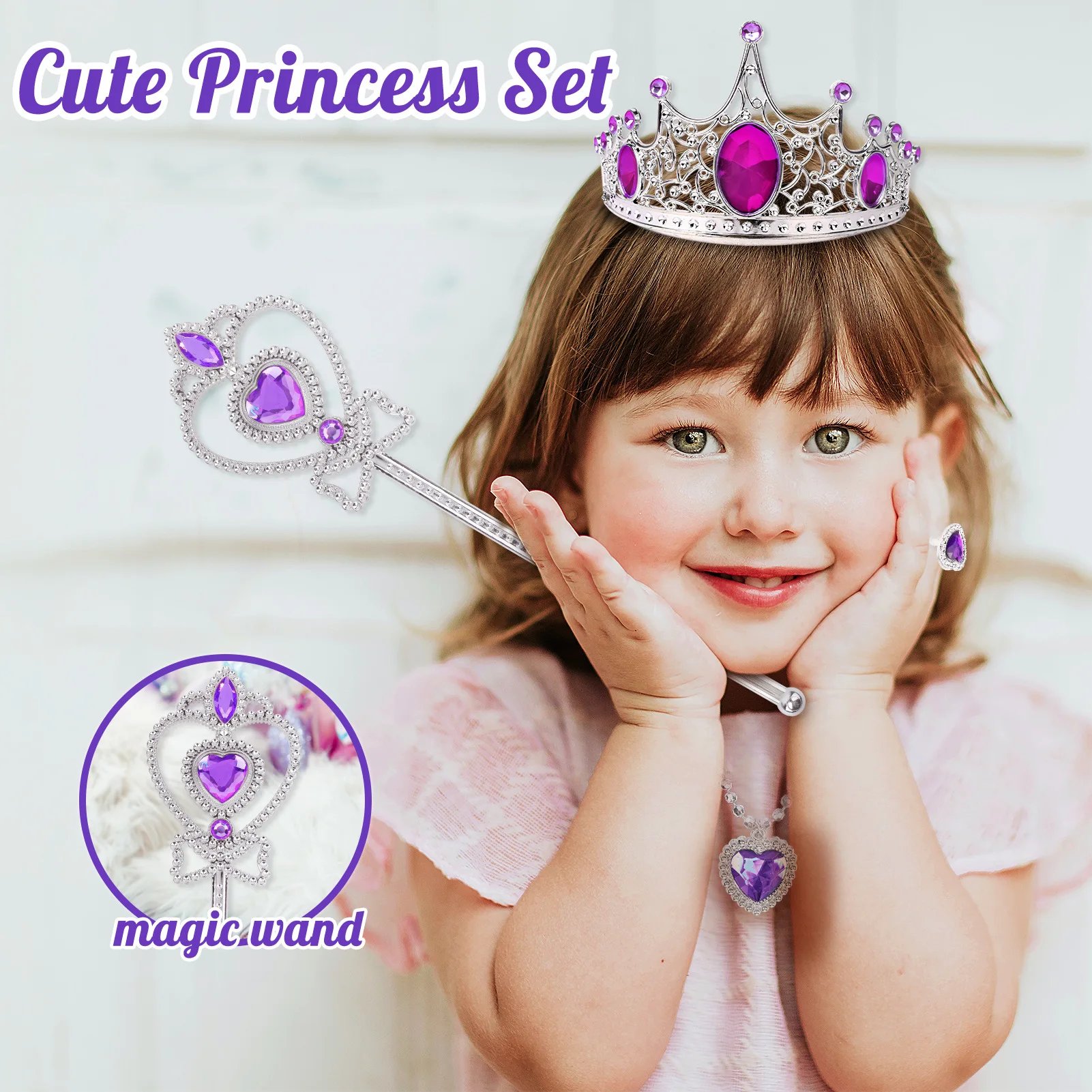 7pcs Princess Dress Up Toy Set for Little Girls Toddlers with Cape,Crown,Wand,Play Jewelry Birthday Gift Helloween Costume