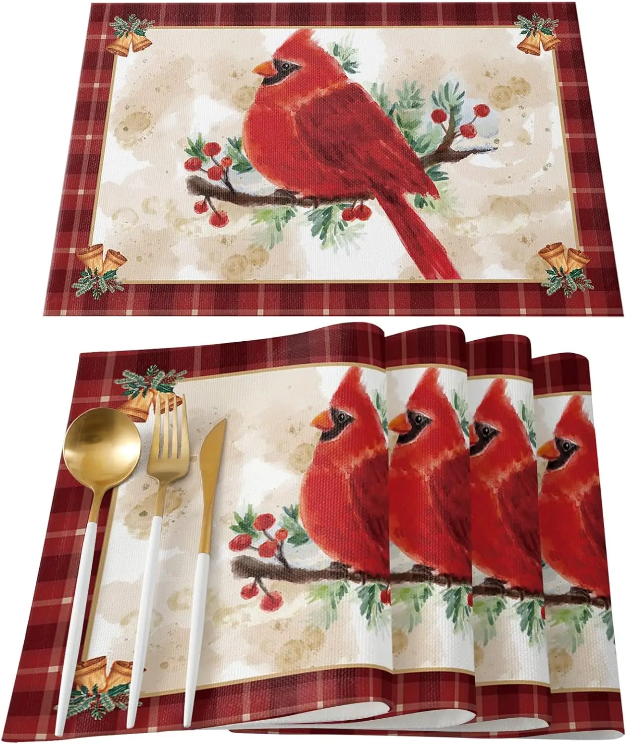 

Placemats Set of 4 Christmas Cardinal Bird Red Gingham Berry Bell Table Mats Waterproof Non-Slip Placemat Winter Animal 12x18in