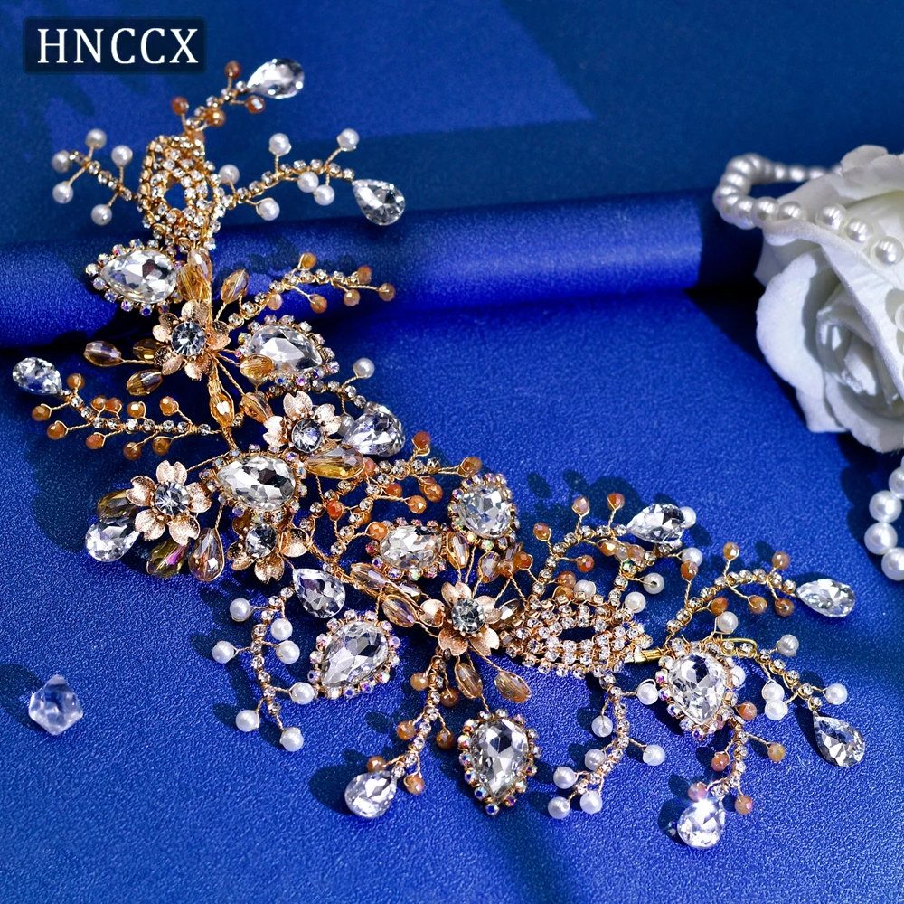 HNCCX Bridal Headband Wedding Forehead Crown Rhinestone Hair Accessories Alloy Flower Headpiece Pearl Headwear For Women CP453