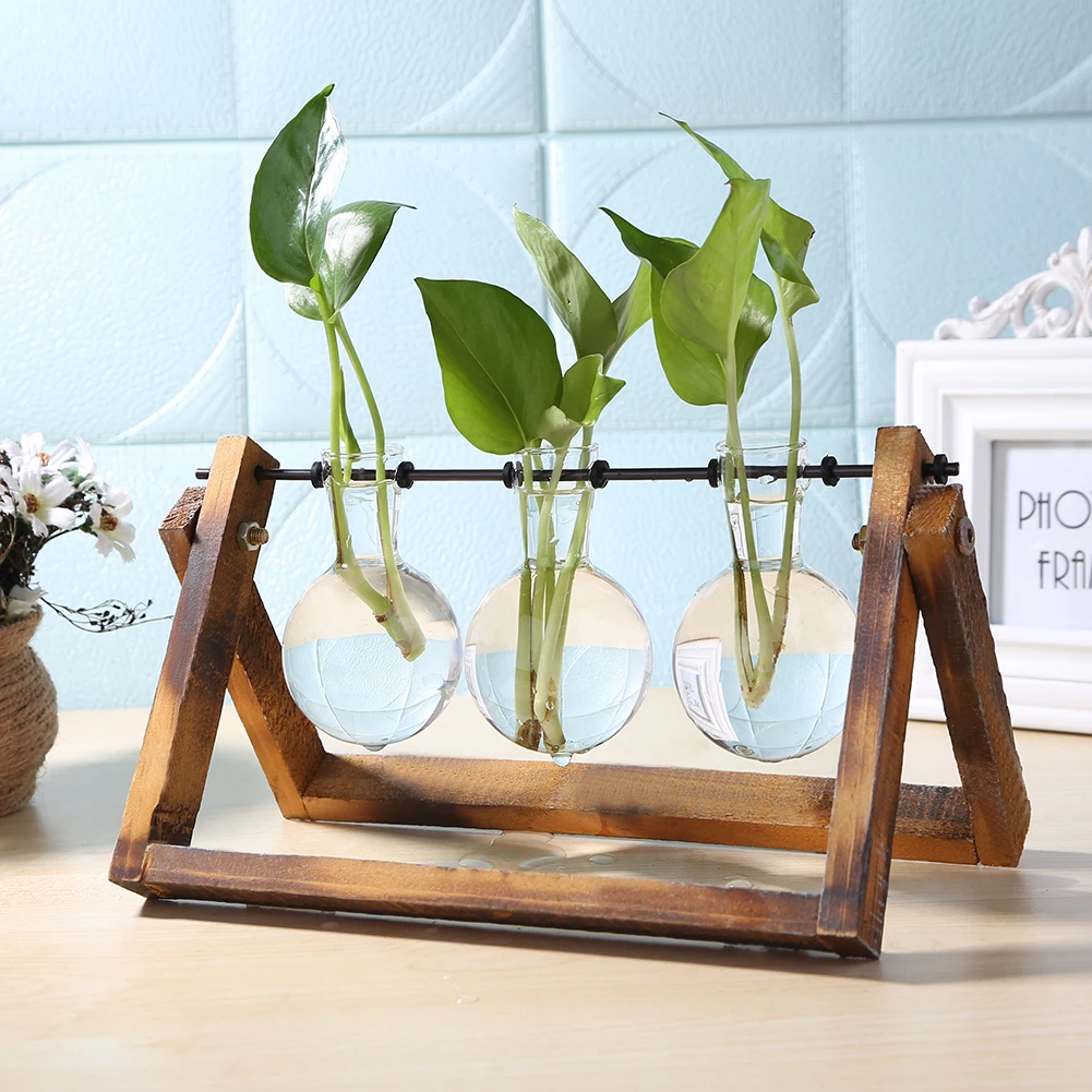 Glass Transparent Plant Bonsai Swing Bottle Vase Wooden Frame Birthday Gift Yard Pot Garden Desktop Landscape Supplies 4