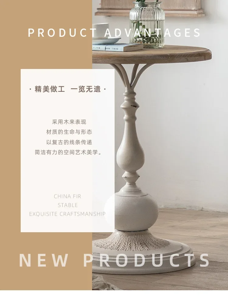 French Vintage Solid Wood Small coffee Table Living Room Corner Table Round side Table Balcony Coffee Tables