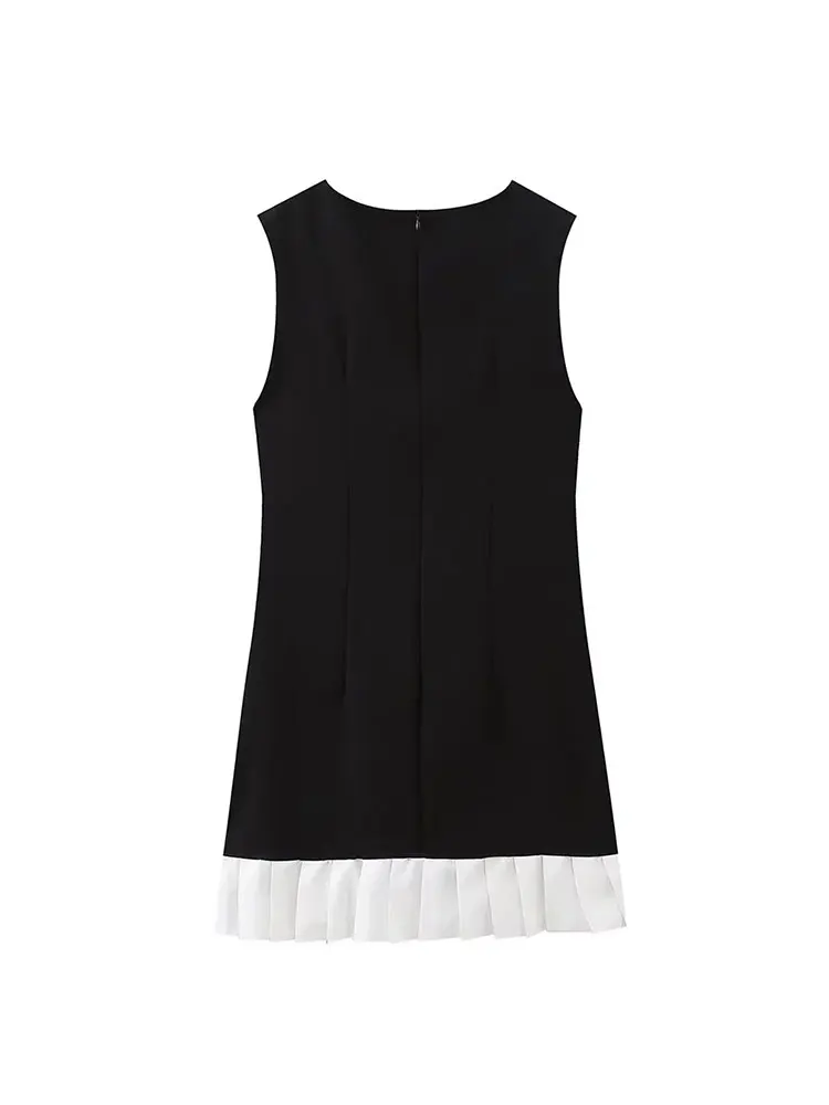 TRAF-Mini vestido feminino com retalhos plissados, elegante com decote em O, vestidos curtos sem mangas, senhoras do escritório, moda verão, 2022